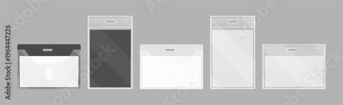 Blank identification badge mockups collection. Vector realistic pass or tag set without holders in horizontal or vertical style. Permit cards template design for company branding or employee ID