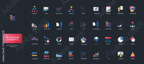 Gradient flat style icons set with diverse diagram, chart, graph, and analytics symbols on dark UI background vector illustration for data visualization, business, and technology themes.