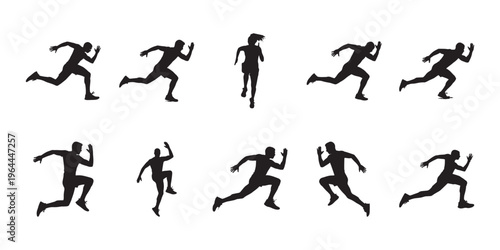 Variety of running poses showing motion and balance, full body silhouettes isolated on white background. Great for sport themes, ads, and design elements
