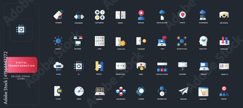 Gradient flat style icons set with digital transformation, cloud, AI, blockchain, analytics, network, payments, and technology concepts on dark UI background vector illustration.