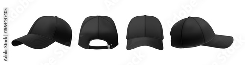 Baseball caps, isolated realistic apparel accessory, front, side and back views. Vector fashion headwear for hot days, summer streetwear or sport activity. Casual outfit element for clothing mockups