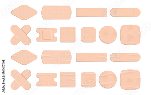 Adhesive medical plasters in realistic style. Vector isolated collection of rectangular and square, oval and round shaped bandages with breathable texture. Healthcare and first aid kit elements