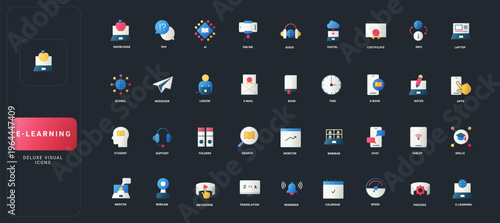 Gradient flat style icons set with e-learning, digital education, online tools, communication, knowledge, and technology concepts on dark UI background vector illustration.