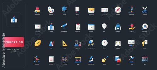Gradient flat style icons set with knowledge, science, school, language, sports, and creative education elements on dark UI background vector illustration.