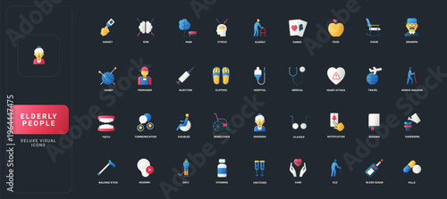 Gradient flat style icons set with elderly lifestyle, health, activities, and care essentials on dark UI background vector illustration, covering daily needs, wellness, and support.