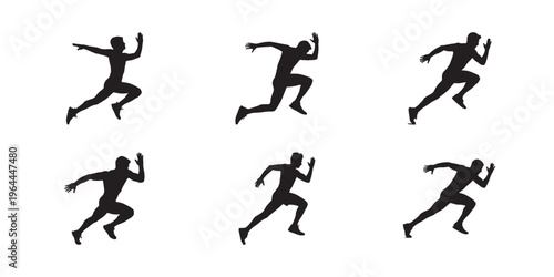 Energetic running poses with different angles and motion styles, clean vector silhouettes on white background. Perfect for fitness, training, and motion graphics.