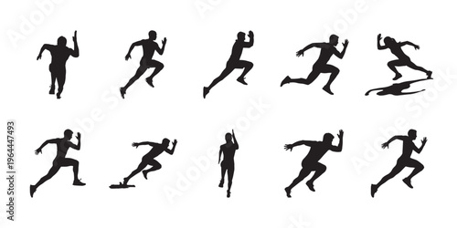Athletic running figures in dynamic movement and angles, clean vector silhouettes on white background. Suitable for fitness branding and active lifestyle visuals.