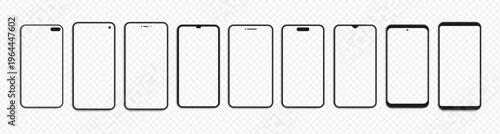 Smartphone screen mockups for different models. Vector collection of isolated modern mobile phone front silhouettes with minimal bezels. Template for UI demonstration or app interface design