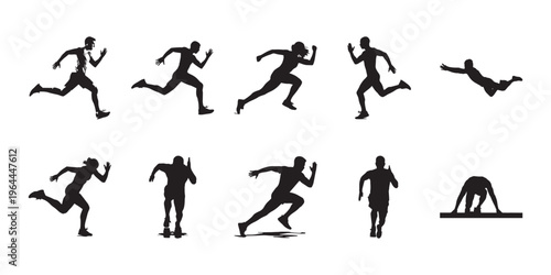 Dynamic full body runner silhouettes in various poses and angles, isolated on white background. Ideal for sports design, icons, and active lifestyle concepts.