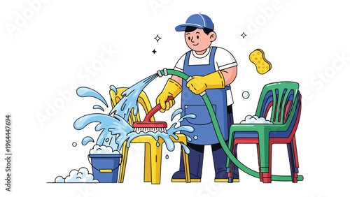 Diligent Cleaning: An individual in protective gear utilizes a water hose and cleaning implements to sanitize outdoor furnishings, highlighting the meticulousness of the sanitation process.