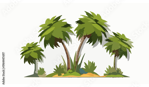 Tropical beach landscape vector with large palm trees and exotic foliage in vibrant summer island scenery