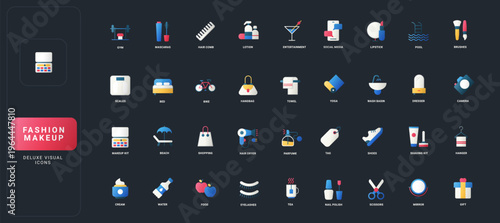 Gradient flat style icons set with fashion, makeup, beauty, lifestyle, wellness, and accessories elements on dark UI background vector illustration for modern visual design projects.