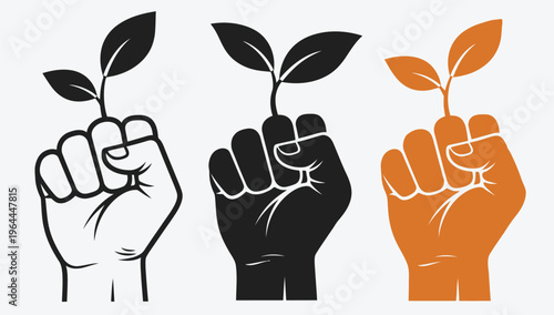 Unity and growth three fists holding sprouts in black white and orange