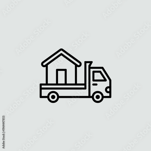 Line icon of a truck carrying a house for moving or relocation services