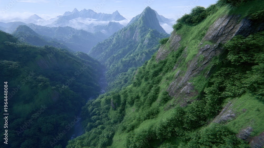 Fototapeta premium Lush hills and rugged peaks create a peaceful landscape bathed in soft sunlight