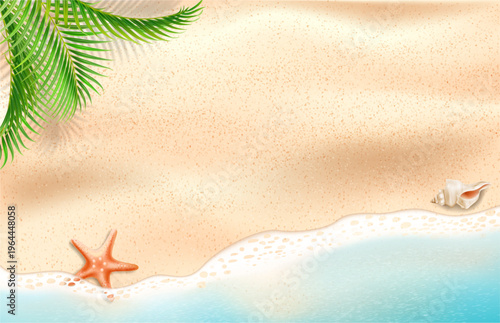 Deserted sea or ocean coast, top view. Vector realistic palm branches, starfish and shells. Foamy waves and soft grainy sand surface. Swimming and sunbathing, beach sports and picnicking