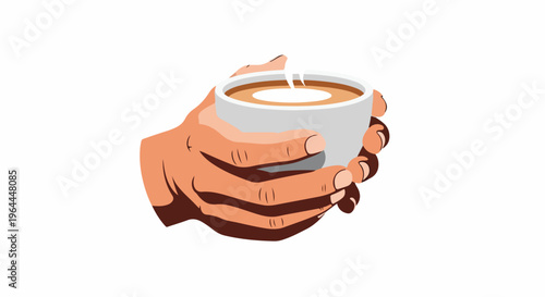 Close-up of a hand holding a steaming cup of coffee or tea on a white background, isolated illustration