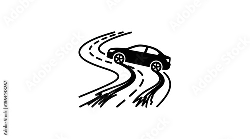 Car Skidding on Winding Road Icon, Loss of Control Symbol on Isolated White Background