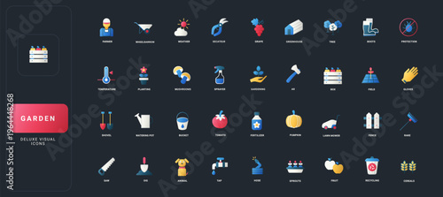 Gradient flat style icons set with gardening, farming, tools, plants, vegetables, equipment, and nature elements on dark UI background vector illustration.