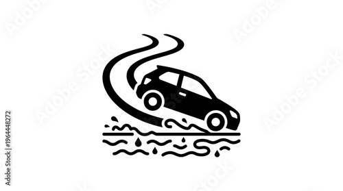 Car Driving Through Floodwater Icon, Dangerous Road Conditions Symbol on Isolated White Background