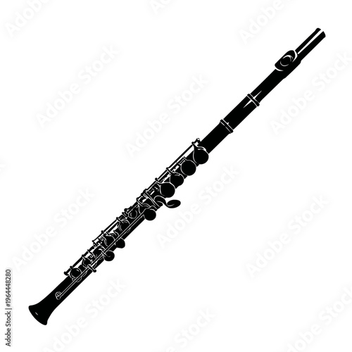 A black and white illustration of a clarinet.