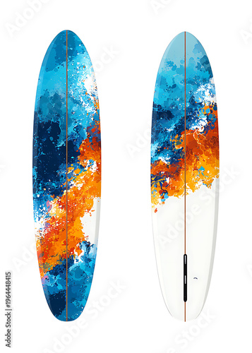 Vibrant surfboard design with blue, orange, and white colors on display