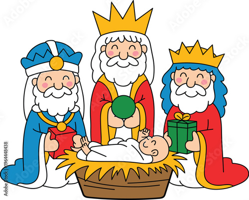 Three wise men visiting baby Jesus in manger, biblical nativity cartoon illustration for Christmas holiday design