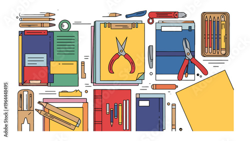 Workstation Tools: A graphic showcasing various tools and stationery, essential elements for the world of creation and work
