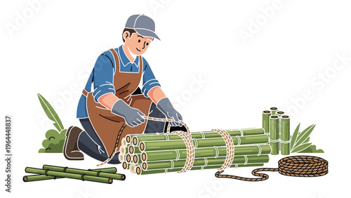 Crafting with Bamboo: An artisan skillfully binds bundles of bamboo with sturdy rope, showcasing a blend of traditional craftsmanship and sustainable materials.