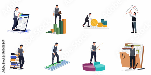 Collection of flat vector illustrations showing a businessman managing finances, analyzing data, and handling office tasks for business growth and professional success.