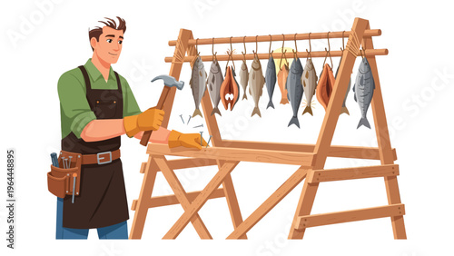 Fisherman Building Fish Rack: A dedicated fisherman expertly crafts a wooden rack, while a freshly caught fish hang to cure. Capturing the essence of craftsmanship and culinary tradition.