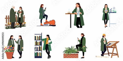 Set of flat vector illustrations showing diverse people in different occupations and activities, all wearing stylish green coats and casual outfits.