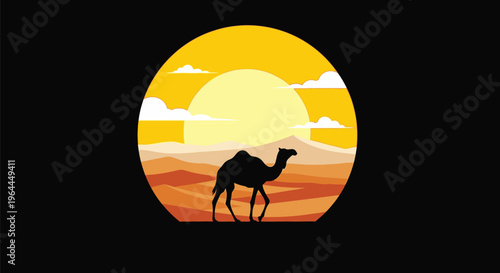 Majestic Camel Silhouette Against a Vibrant Desert Sunset.