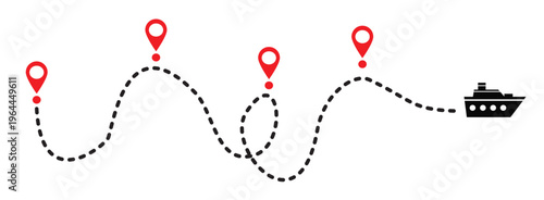 A vector illustration of a ship's route with a dotted line indicating the path. It includes location markers, a map, and straight, winding, and curved paths.