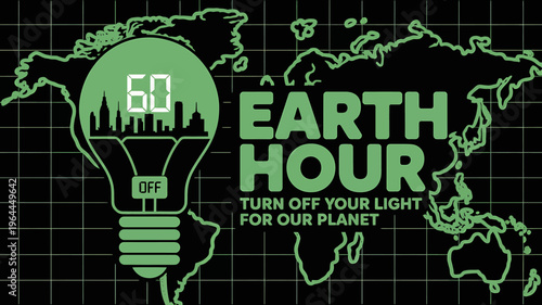 Earth Hour campaign poster with light bulb and world map  save energy  go green