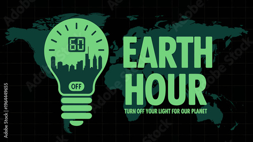 Earth Hour campaign with light bulb and world map on dark background
