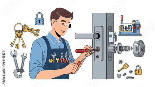 Locksmith at Work: A skilled locksmith meticulously works on a door lock, surrounded by essential tools of the trade, demonstrating expertise and precision.