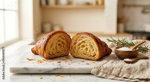 Sliced Butter Croissant on Marble Board with Honeycomb Interior, Sea Salt, and Rosemary in Kitchen Setting.