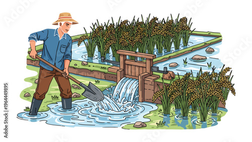 Farmer's Harvest: A diligent farmer, amidst verdant rice fields, meticulously manages the water flow. This scene encapsulates the heart of agricultural labor.