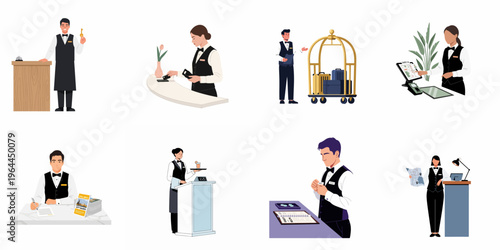 Collection of professional hotel staff illustrations including receptionists, bellhops, concierges, and servers performing various hospitality services and tasks.