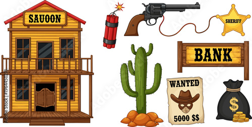 Wild West cartoon set featuring saloon bank sheriff badge revolver dynamite cactus wanted poster money bag vector illustration isolated background