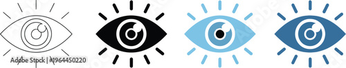 Eye icon set, multiple styles, minimal vector symbols for five senses design, vision, observation, and perception concepts.