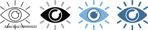Eye icon set, multiple styles, minimal vector symbols for five senses design, vision, observation, and perception concepts.