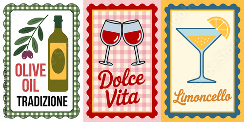 Italian food and drink labels with olive oil wine and limoncello  traditional cuisine