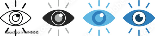 Eye icon set, multiple styles, minimal vector symbols for five senses design, vision, observation, and perception concepts.