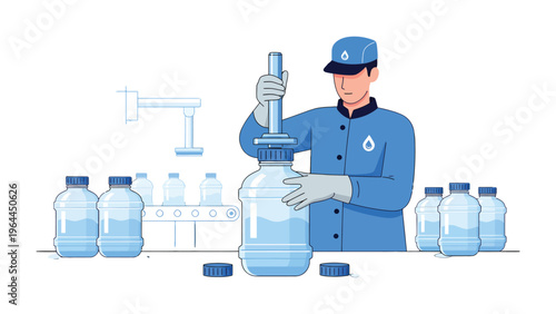 Water Bottling Process: An Illustration of a worker carefully sealing a large water bottle at a water factory. Showcasing the quality control and the process of bottled water industry.