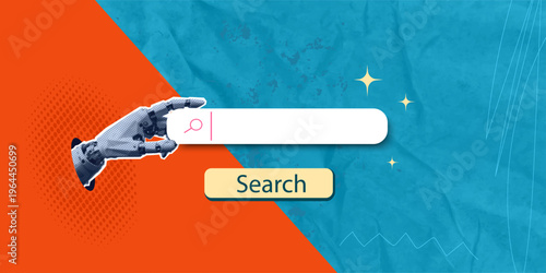 Creative collage. A robotic hand holds a search bar. Information search using artificial intelligence. Vector banner with halftone effect and shadow.
