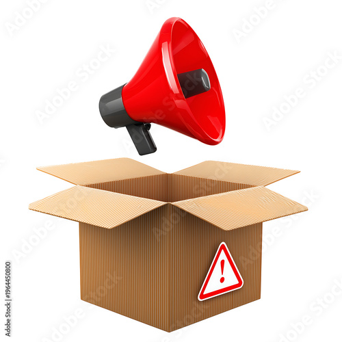 A red megaphone emerges from an open cardboard warning box indoors.