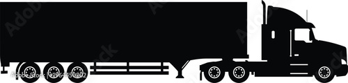Black silhouette of a heavy semi truck with long trailer for cargo delivery and logistics transportation isolated on white background for industrial design