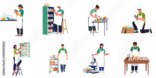 Professional workers in white aprons performing various laboratory, research, and natural product manufacturing tasks in a clean, organized scientific environment.